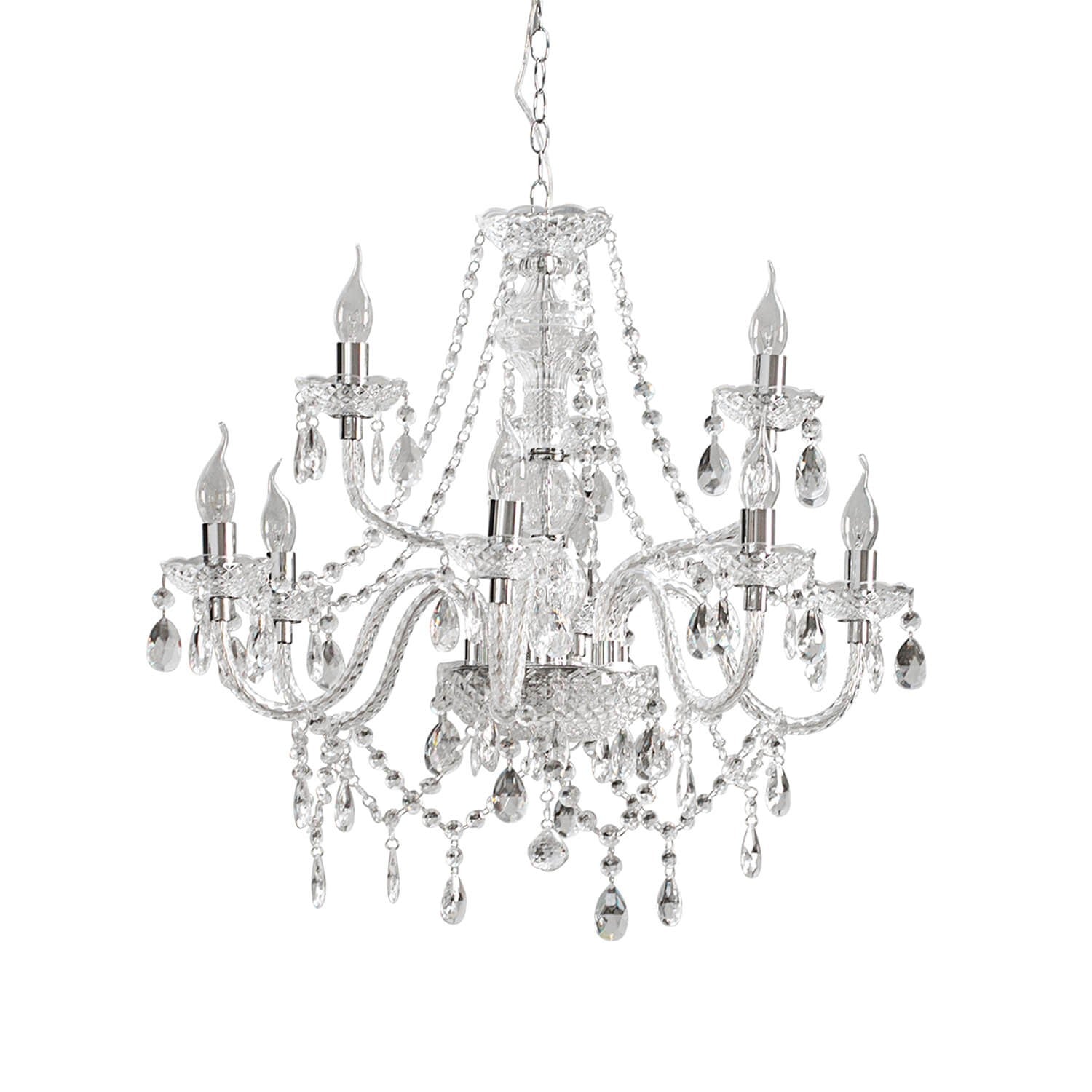 Chrome classic chandelier with eight candle lights, ornate glass arms, and hanging crystal pendants.