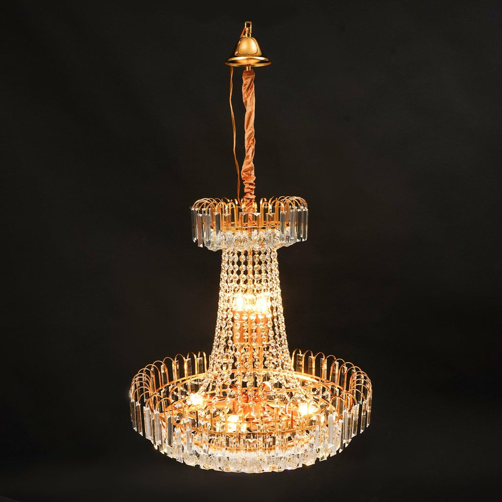 Empire Style Gold Tassel Crystal Chandelier by Maison Ornate with sparkling prisms and warm lights.