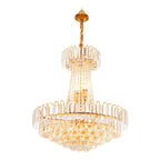 Empire style chandelier with gold tassels, twisted gold cord, and multiple tiers of sparkling crystals.