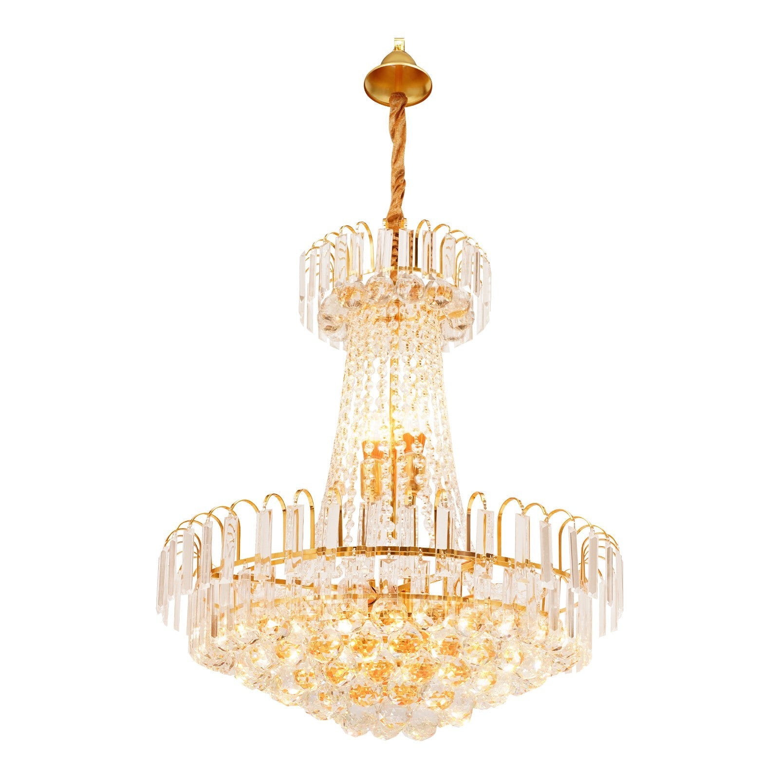 Empire style chandelier with gold tassels, twisted gold cord, and multiple tiers of sparkling crystals.