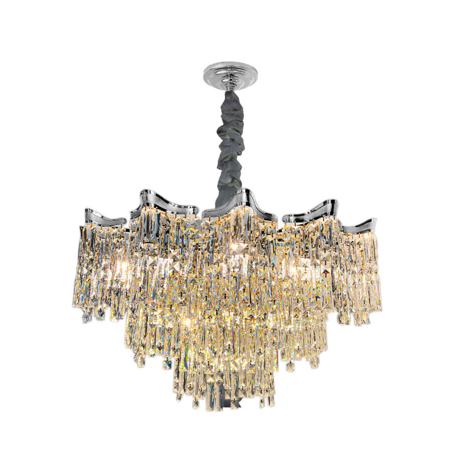 Maison Ornate Dimmable LED chandelier with cascading glass prisms, chrome frame, and fabric-wrapped rod.