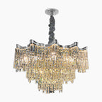 Multi-tier chandelier with chrome, crystal accents; dimmable LED lights for modern, elegant illumination.