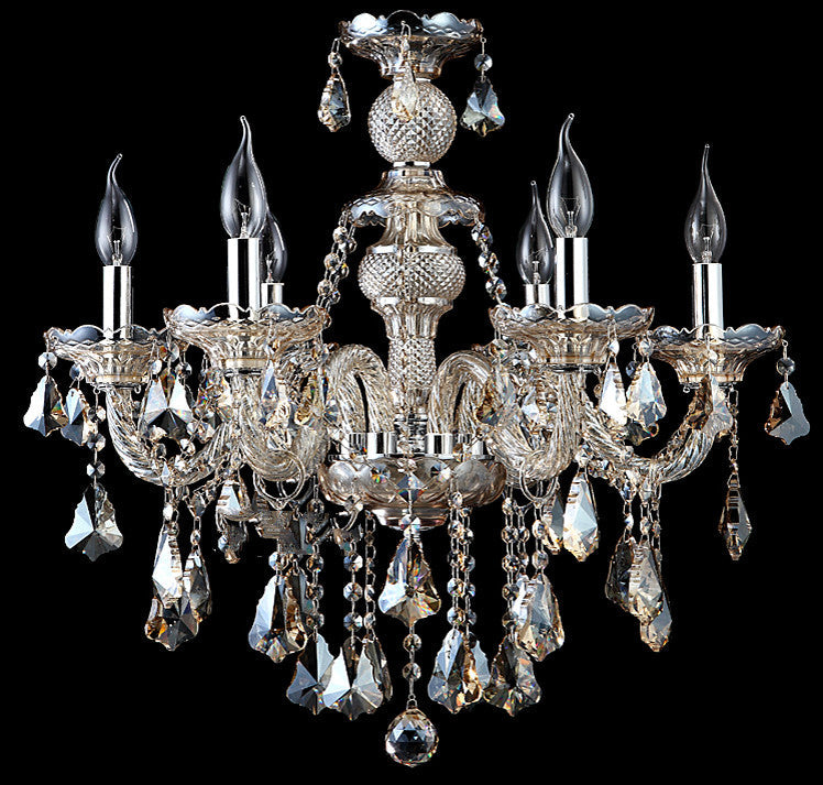 Maison Ornate K9 Crystal Chandelier with six candle bulbs, ornate metal, champagne-finish, sparkling glass prisms.