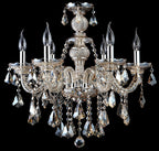Maison Ornate K9 Crystal Chandelier with six candle bulbs, ornate metal, champagne-finish, sparkling glass prisms.