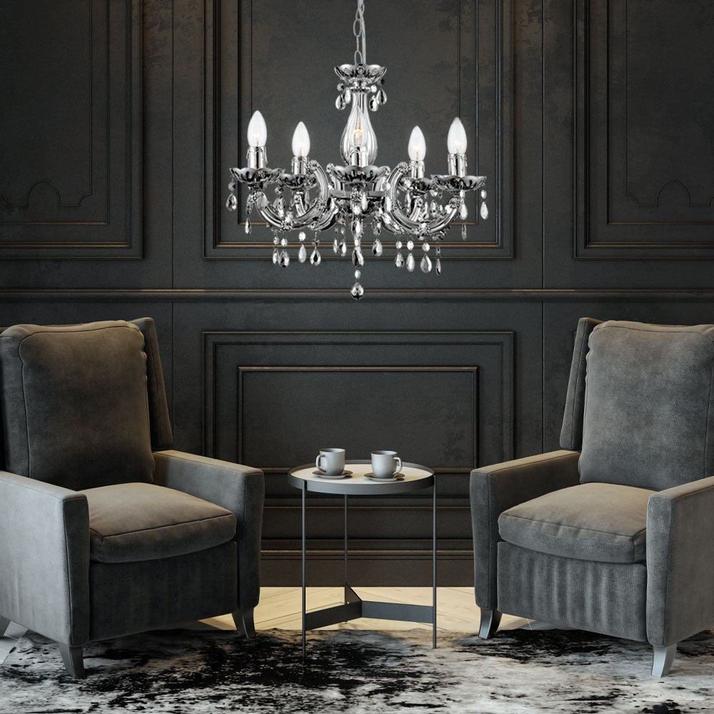 Maison Ornate LED Crystal Chandelier in chrome, remote-controlled, elegant crystal detailing, modern lighting fixture.