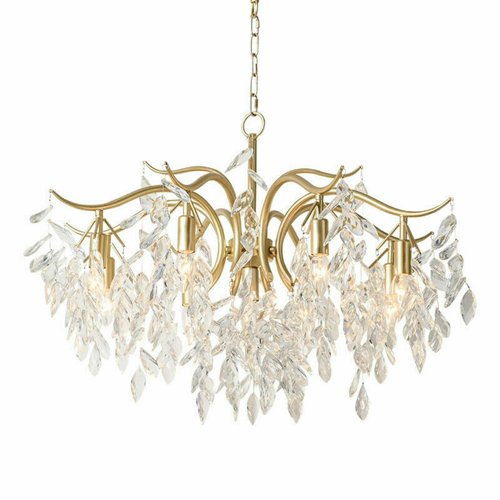 8-arm gold crystal chandelier with curved arms and cascading clear crystals, suspended by chain.