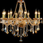 Golden Amber K9 Crystal Chandelier with eight E14 candle bulbs and elegant sparkling crystal pendants.
