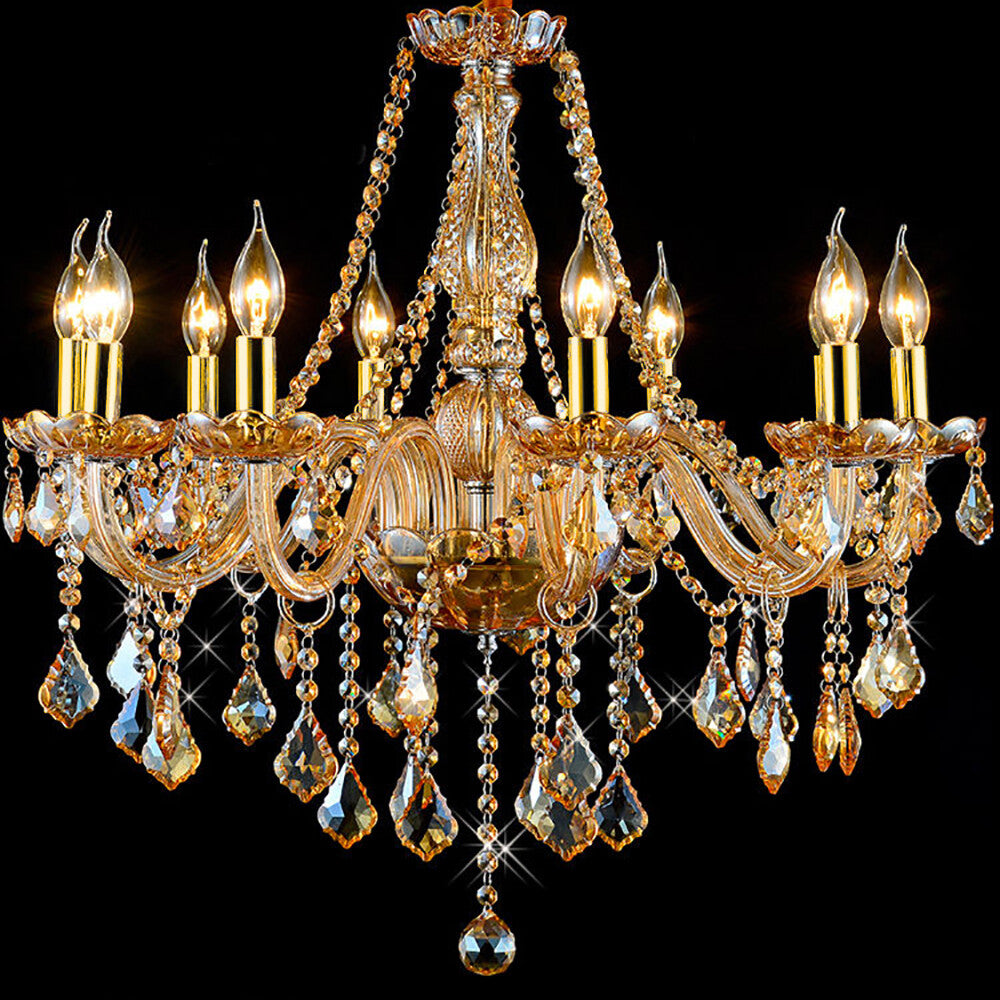 Golden Amber K9 Crystal Chandelier with eight E14 candle bulbs and elegant sparkling crystal pendants.