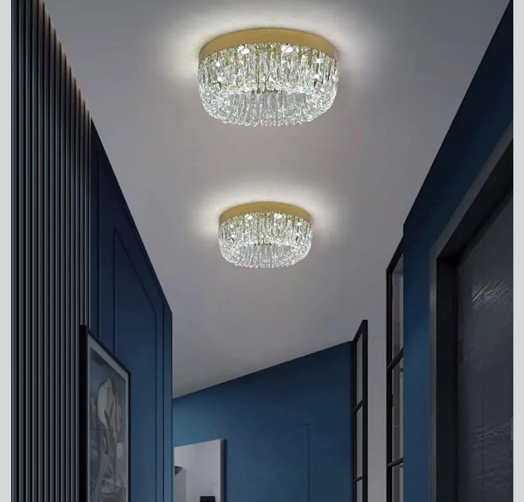 Pair of Maison Ornate Modern Gold LED Crystal Hallway Ceiling Lights with soft illumination.