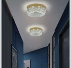 Pair of Maison Ornate Modern Gold LED Crystal Hallway Ceiling Lights with soft illumination.