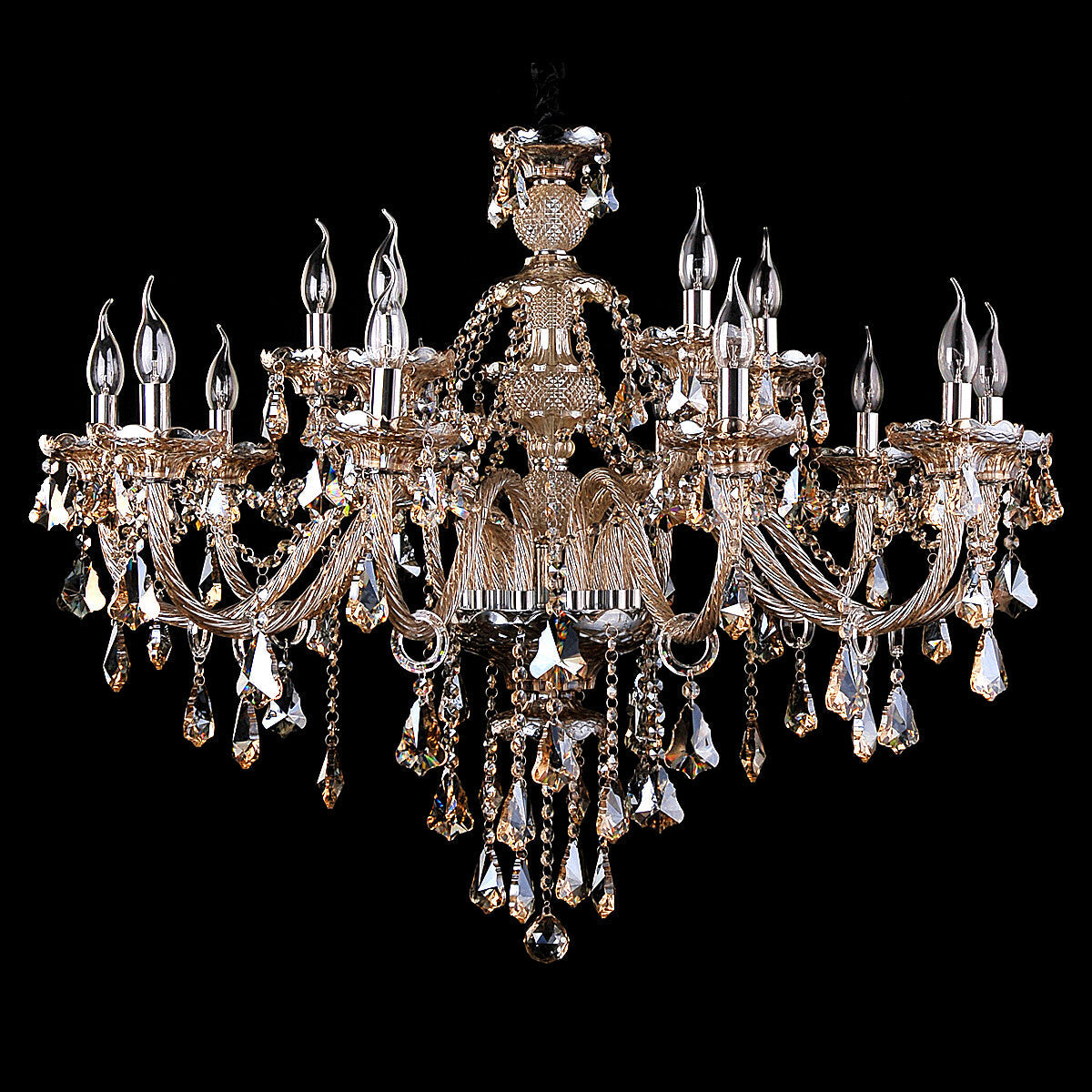 Maison Ornate K9 Crystal Champagne Multi-Arm Chandelier with sparkling crystals and candle-style bulbs.