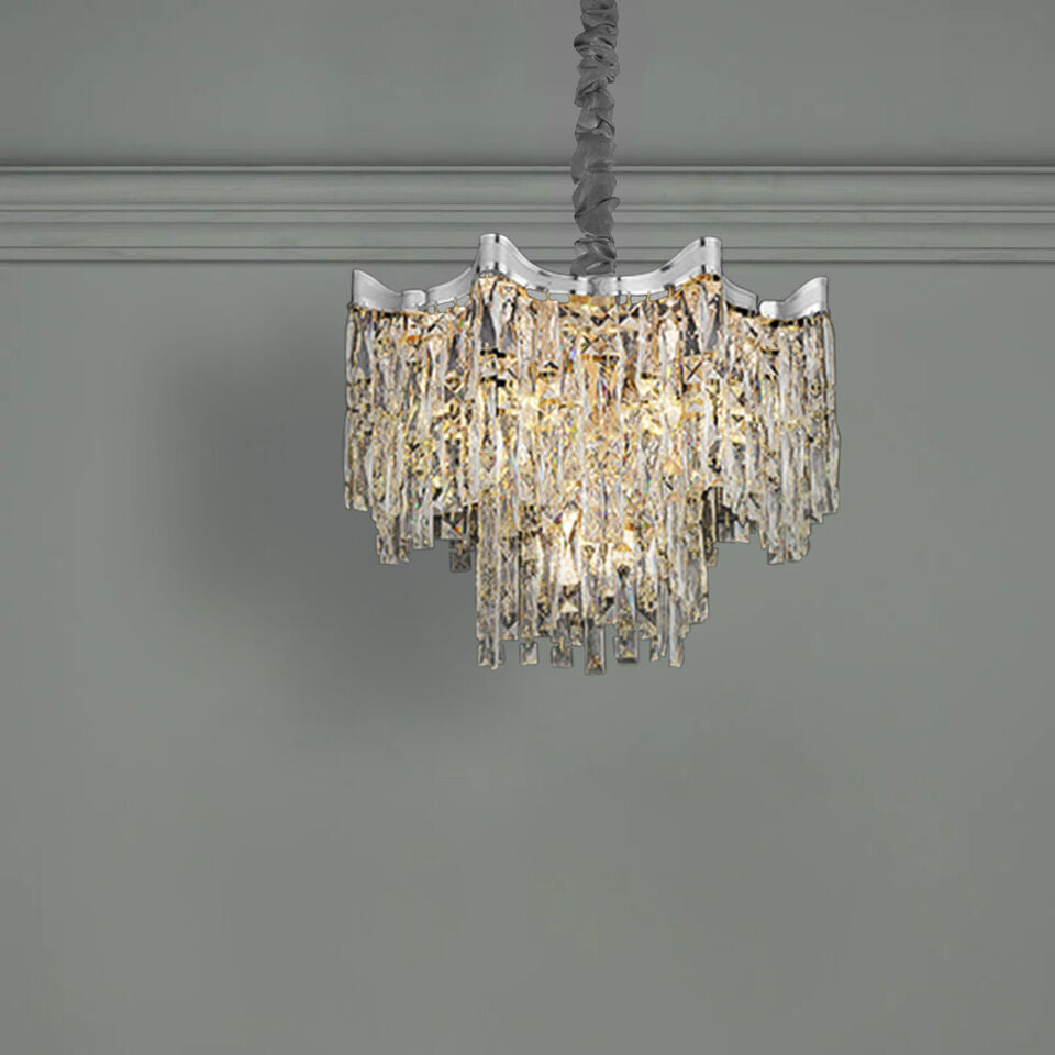 Maison Ornate dimmable LED chandelier with layered crystal prisms and metallic chrome top.