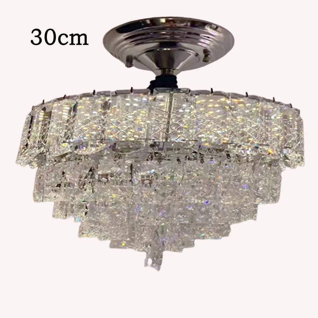 Chrome Crystal Industrial Chandelier with three prism tiers, metallic base, sparkling 30 cm design.