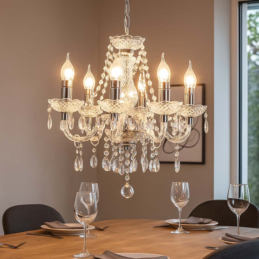 Maison Ornate elegant 5-branch chrome crystal chandelier with candle-shaped bulbs, exquisite dining room lighting.