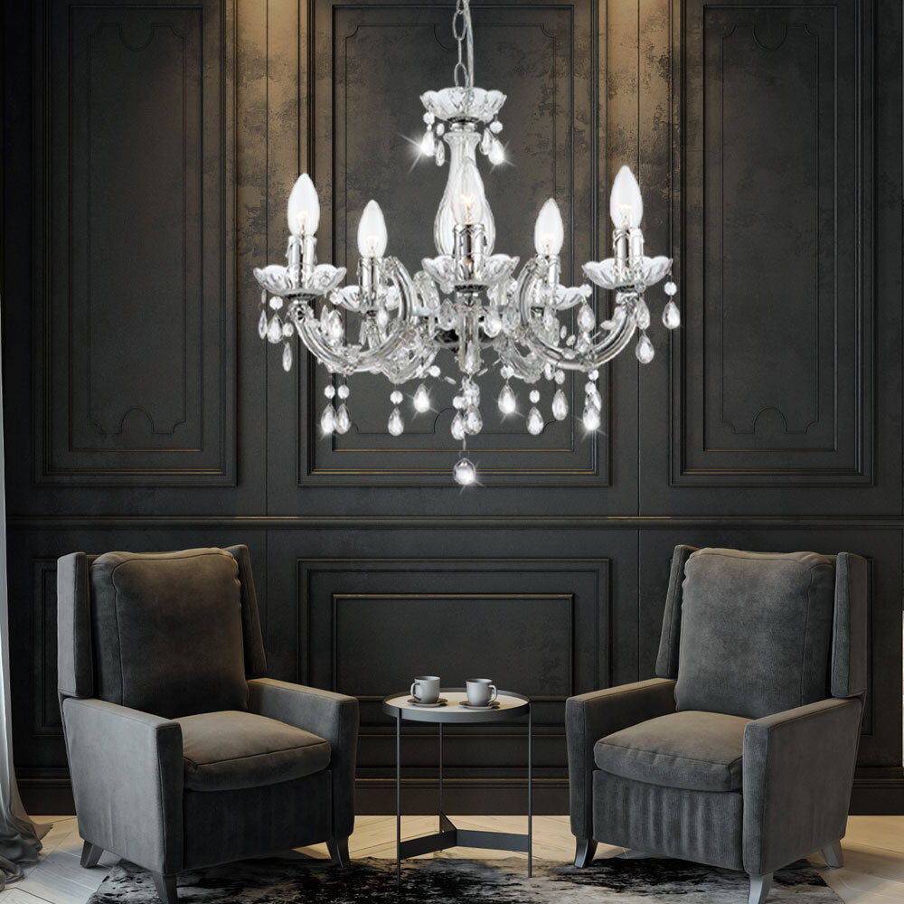 Maison Ornate Elegant Five-Arm Crystal Hanging Light with chrome finish and sparkling detail.