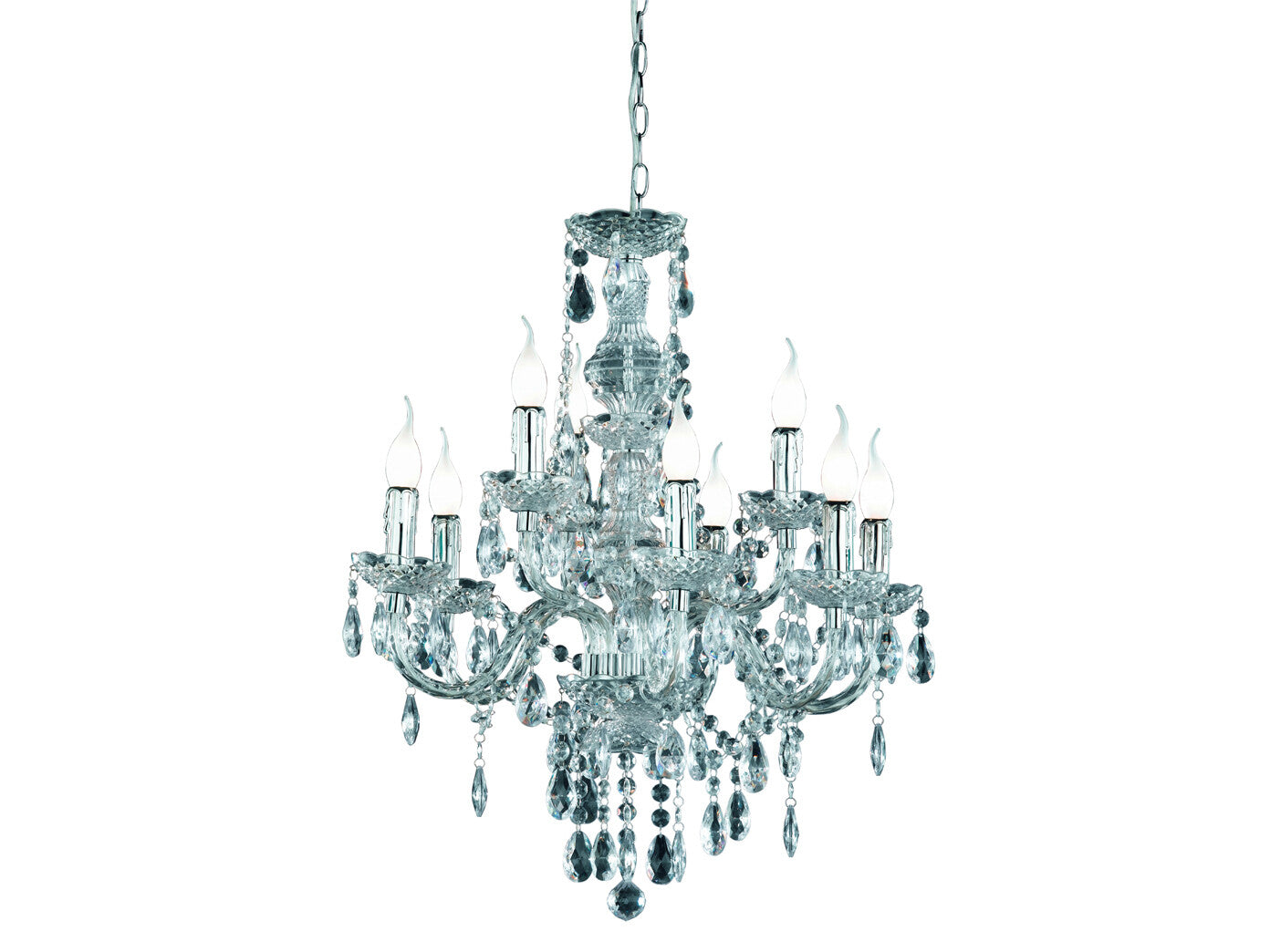 The Maison Ornate chandelier with nine E14 bulbs, elegant arms, and cascading crystal pendants.