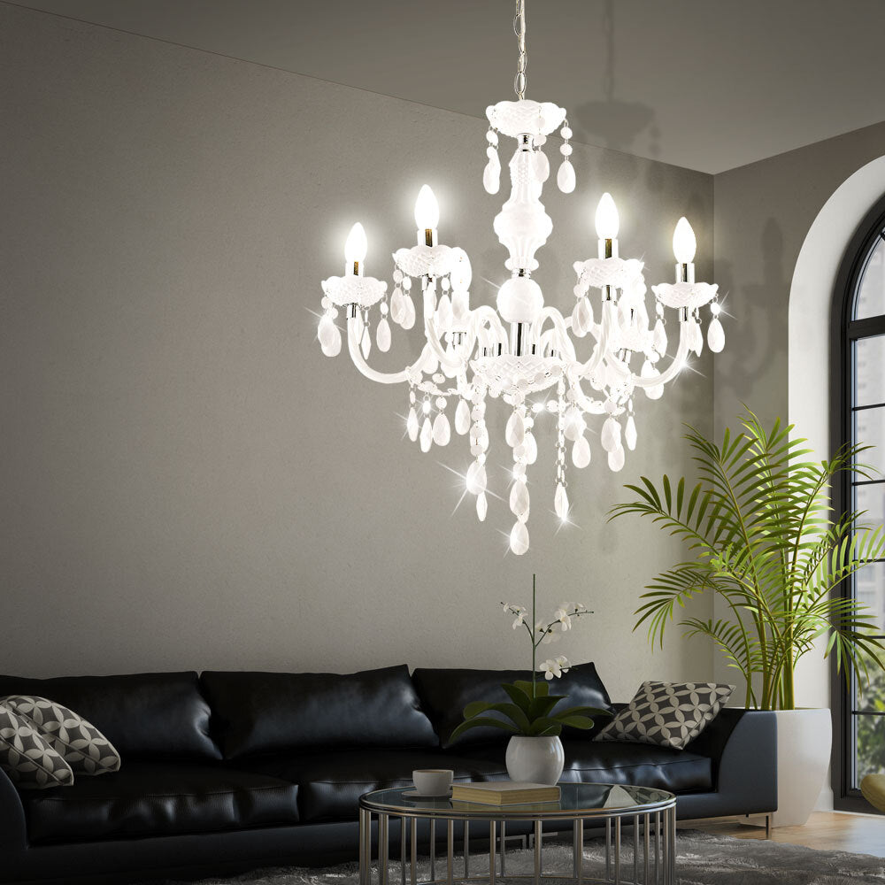 Maison Ornate 6-arm crystal chandelier with elegant white-gleaming ornaments, classic candle-style design.