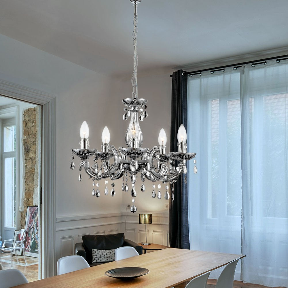 The Maison Ornate LED Crystal Chandelier features chrome detailing, crystal accents, and a remote control.