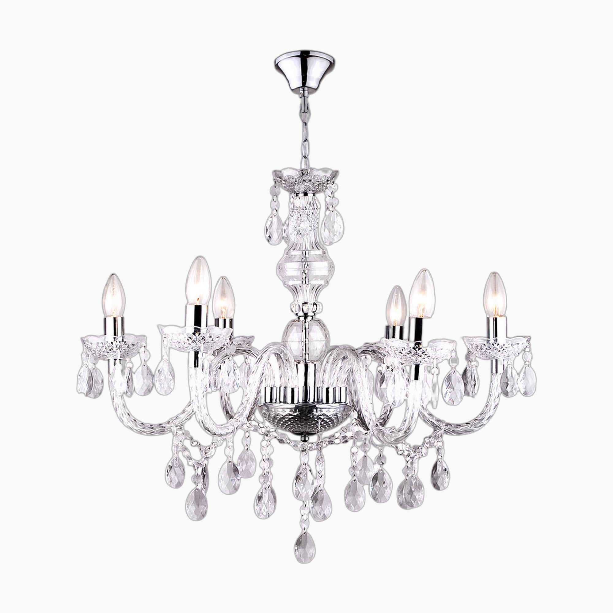Eight-light chandelier with ornate curved arms and crystal tassels on a sleek silver mount.