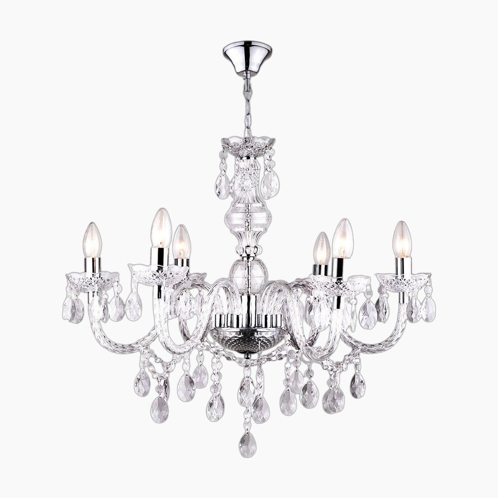 Chrome Maison Ornate Crystal Chandelier with clear tassels and silver ceiling mount, elegant and modern.