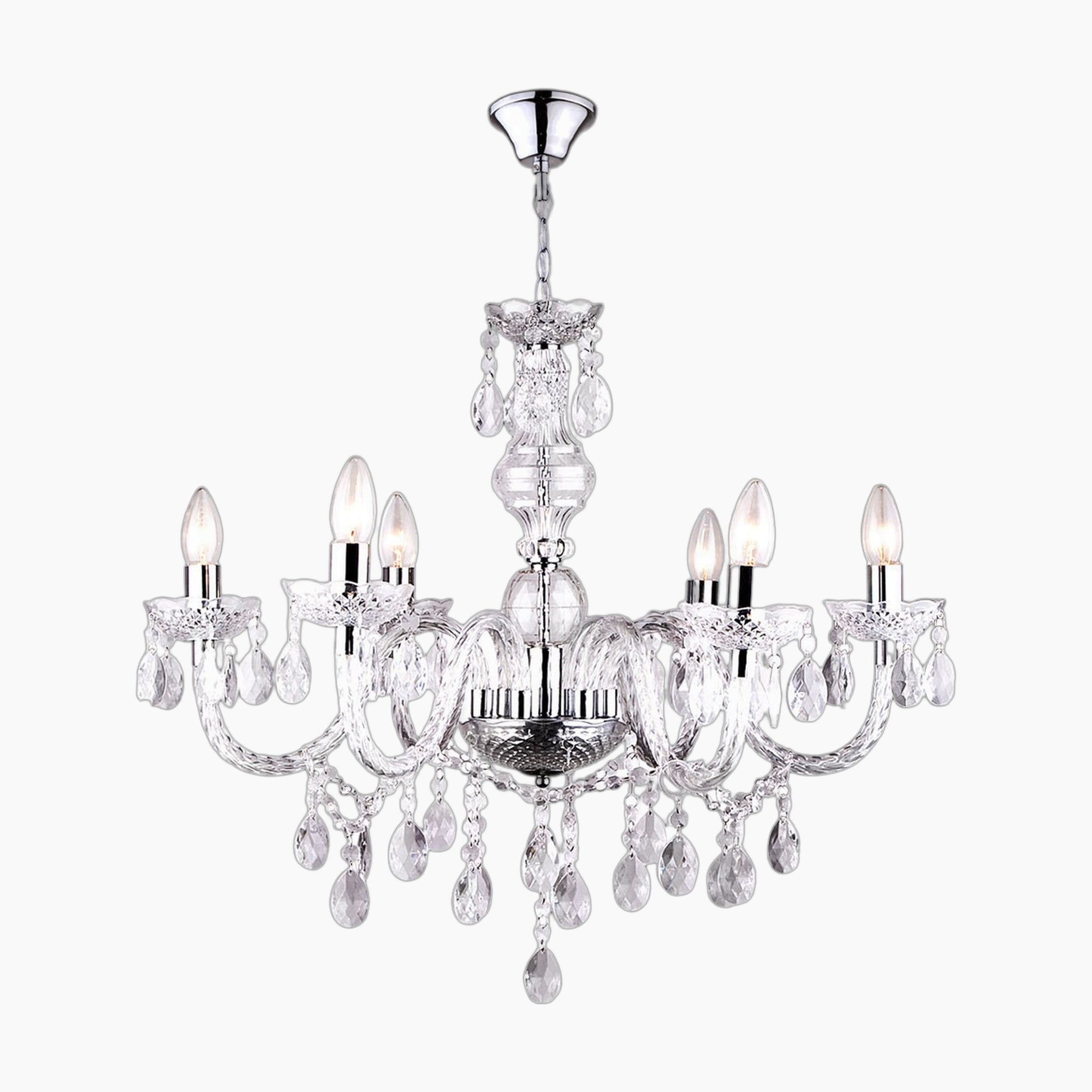 Maison Ornate Crystal Chandelier with chrome frame, silver tassels, glass arms, and sparkling pendants.