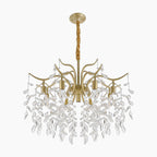 Elegant gold 8-arm chandelier with sparkling crystal drops and brown fabric-wrapped suspension rod.