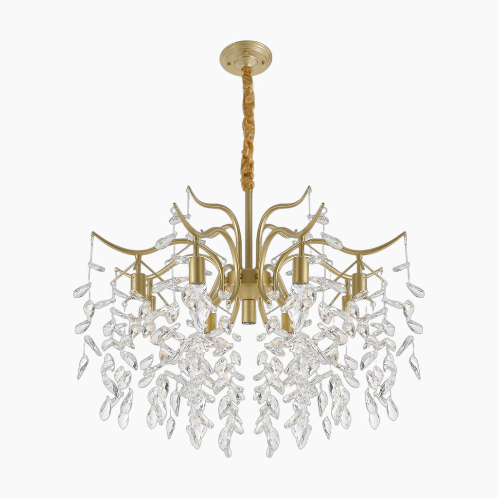 Gold chandelier with 9 lights, curved arms, crystal leaf pendants, and a brown-wrapped stem.