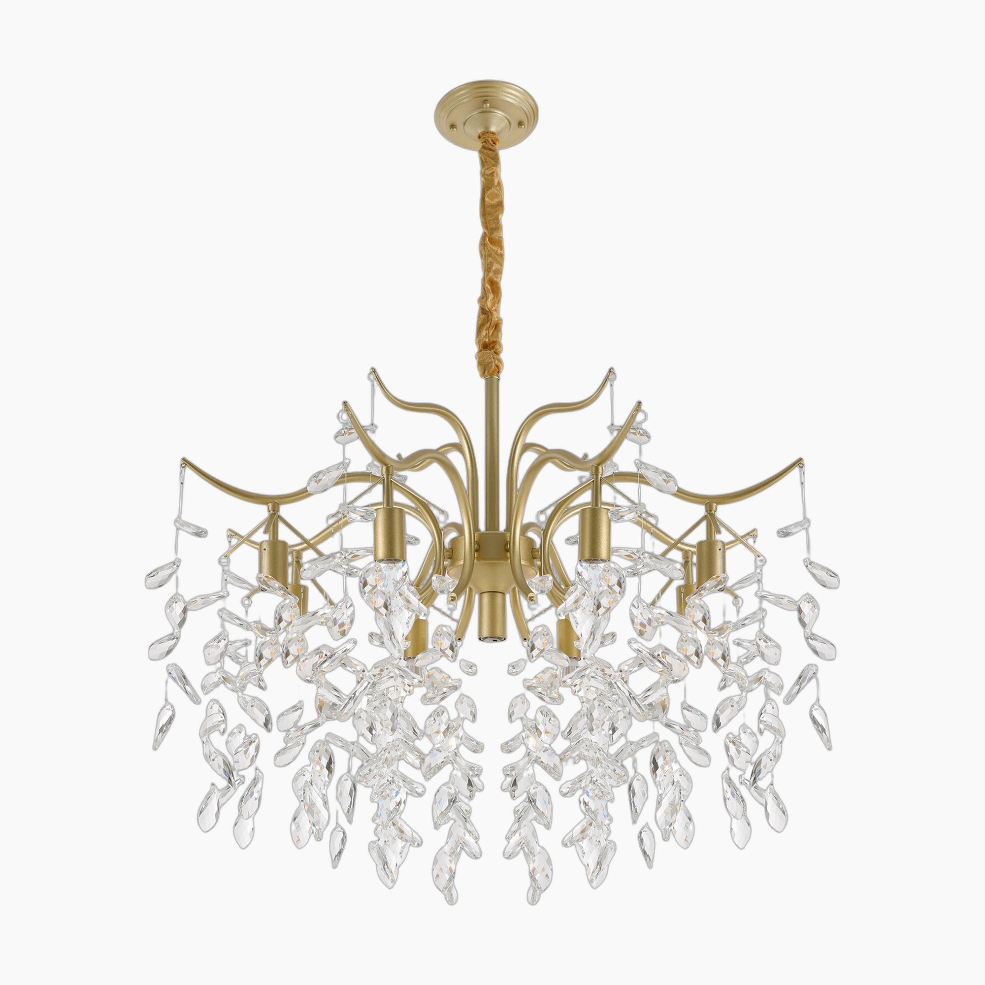 Gold chandelier with 9 lights, curved arms, crystal leaf pendants, and a brown-wrapped stem.