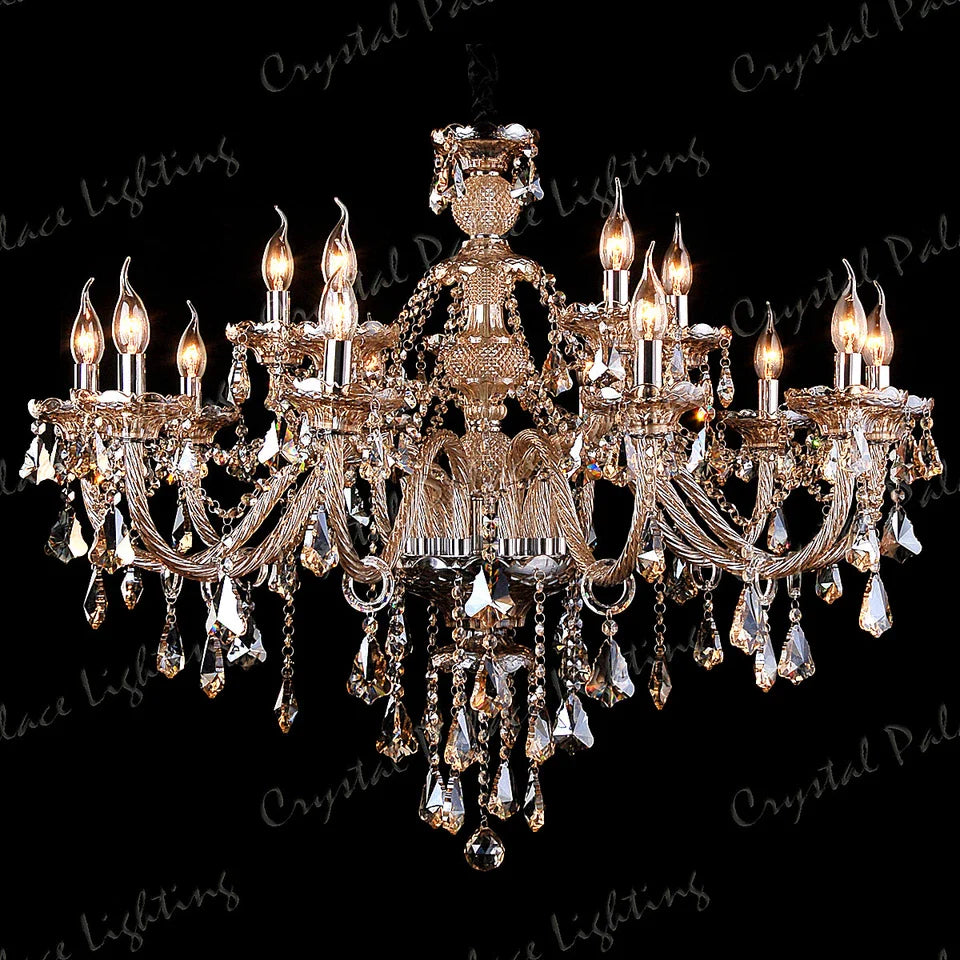 Maison Ornate K9 Crystal Champagne Multi-Arm Chandelier with candle lights and crystal ornaments.