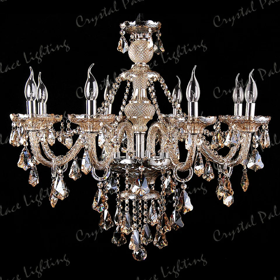 Maison Ornate K9 Crystal Champagne Chandelier with candle-style bulbs, ornate silver arms, and hanging crystals.