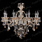 Maison Ornate K9 Crystal Champagne Chandelier with candle-style bulbs, ornate silver arms, and hanging crystals.