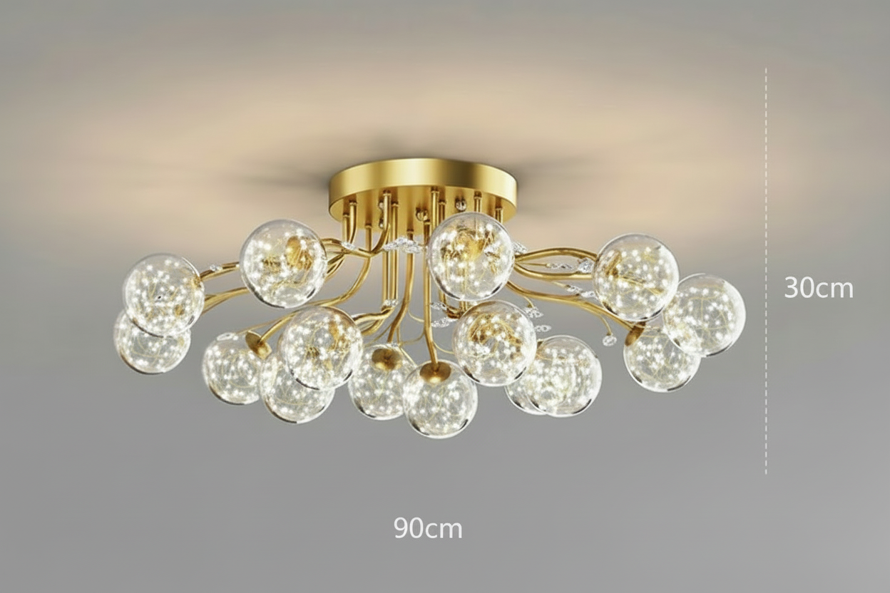 Maison Ornate Crystal Ball Chandelier with LED-lit glass globes and gold finish, 90x30 cm.