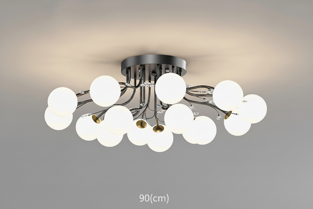 Maison Ornate Crystal Ball Chandelier with curved metal arms, star LED bulbs, clear glass details, black base, 90 cm diameter.