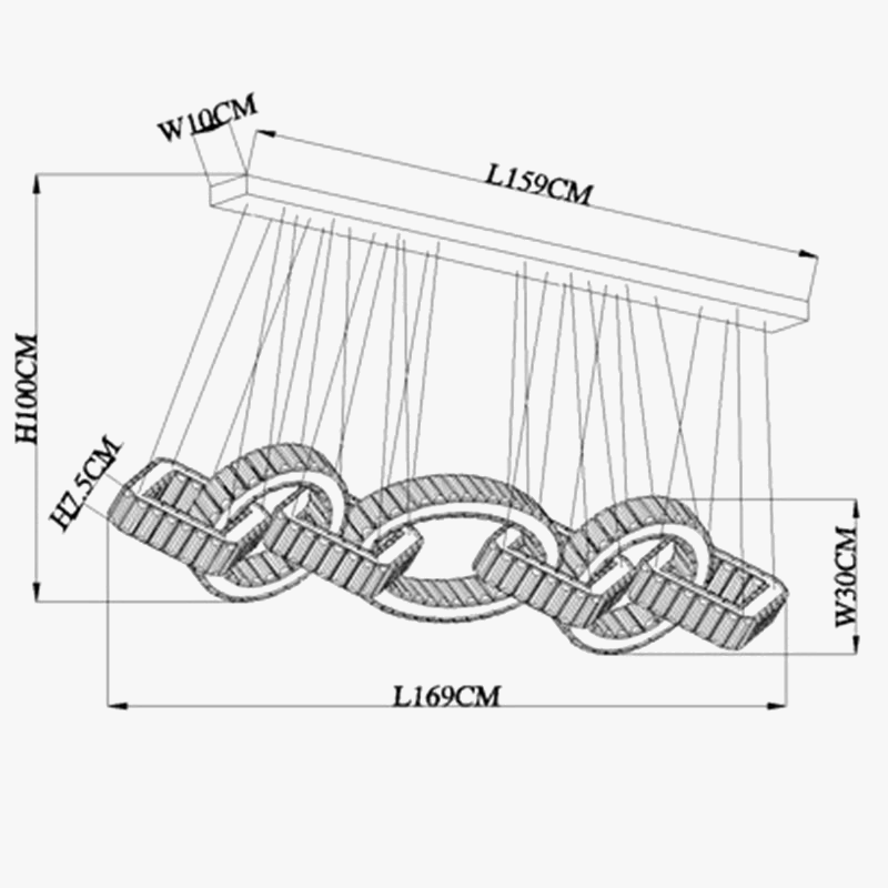 Line drawing of modern gold crystal LED chandelier with interlocking loops, max height 100cm.
