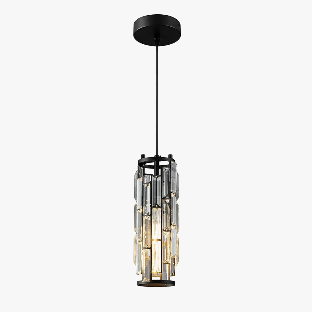 Modern black chrome chandelier with cylindrical frame, clear glass prisms, and adjustable rod; illuminated crystal accents.