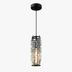 Modern black chrome chandelier with circular mount and vertical crystal glass prisms, stylishly illuminated.