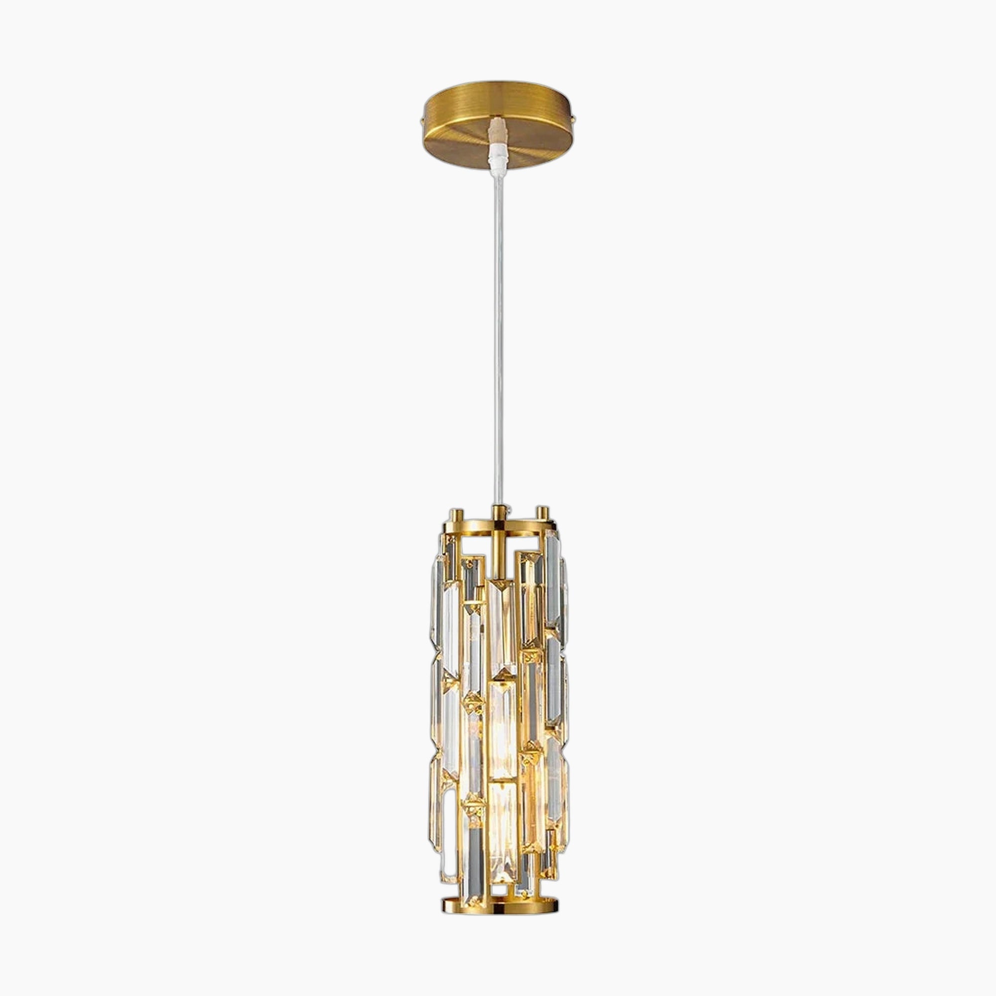 Modern black chrome chandelier with geometric crystal accents, cylindrical frame, and sleek adjustable rod.