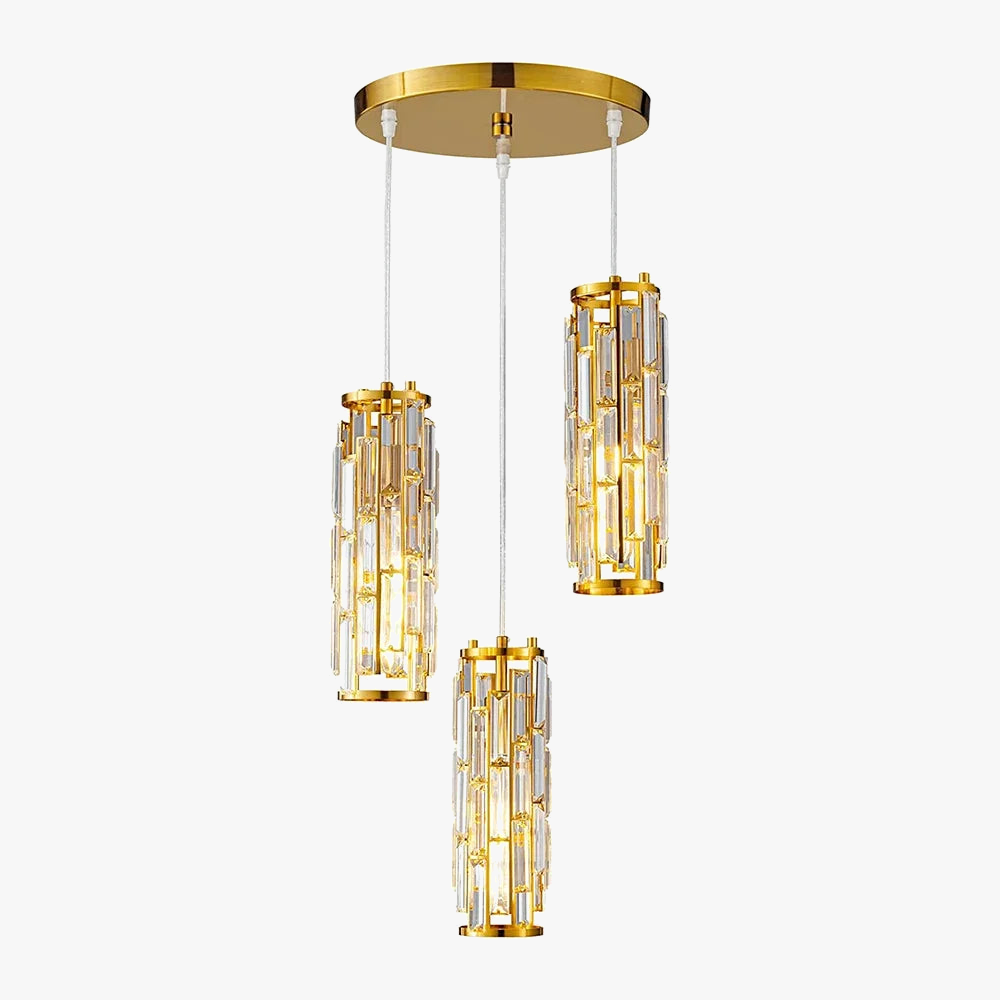 Three crystal pendant chandelier lights hang at varied heights from a round black chrome mount.