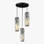 Set of three black chrome crystal chandeliers with cylindrical frames and clear crystal accents.